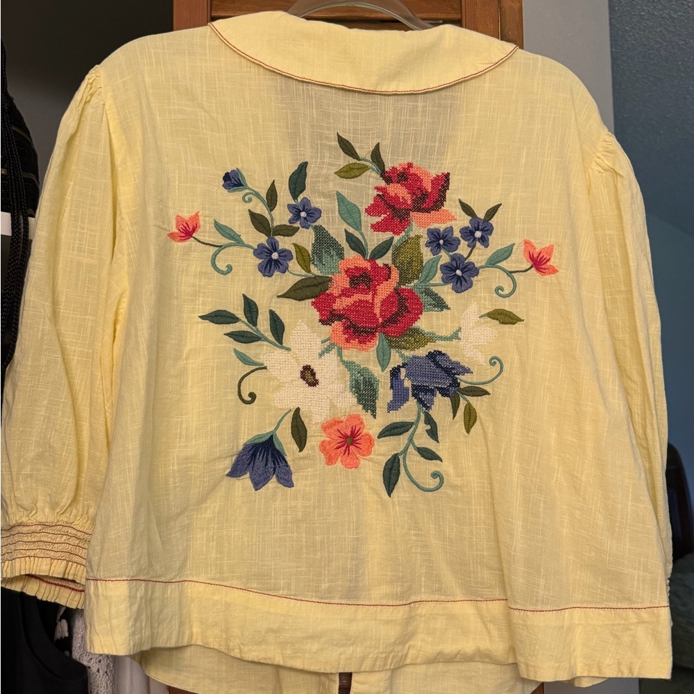 Free People Pale Yellow Embroidered Floral Puff Sleeve Blouse - Picture 5 of 5
